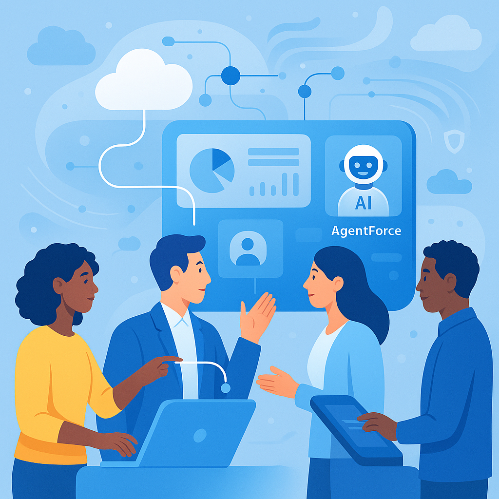 Diverse Professionals: Four team members from different backgrounds working together, each engaged in a distinct role. Action Highlights: One person on the right uses a touchscreen console. Another on the left guides a flowing data line between platforms. A team member in front interacts with a chatbot-style AgentForce avatar on the interface.