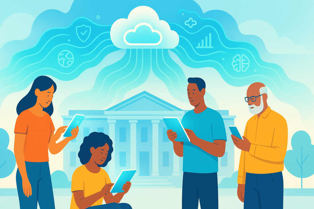 A diverse group of citizens using tablets and phones in front of a modern government building, with cloud data streams and digital icons above.