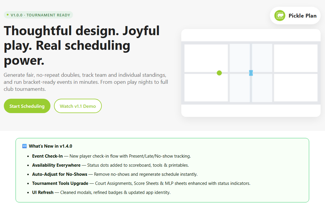 Pickle Plan Website Landing page with image of Pickleball court animation